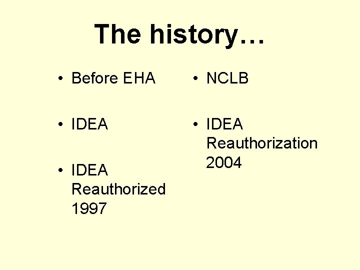The history… • Before EHA • NCLB • IDEA Reauthorization 2004 • IDEA Reauthorized