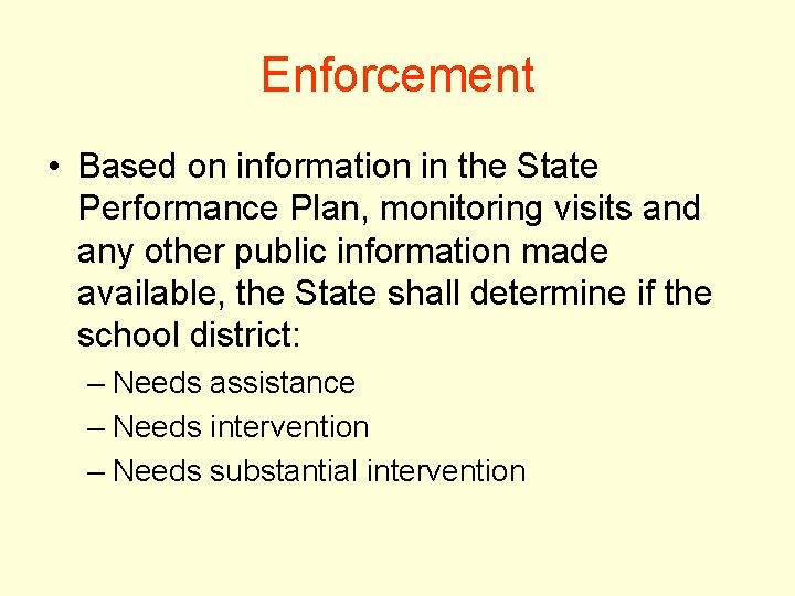 Enforcement • Based on information in the State Performance Plan, monitoring visits and any