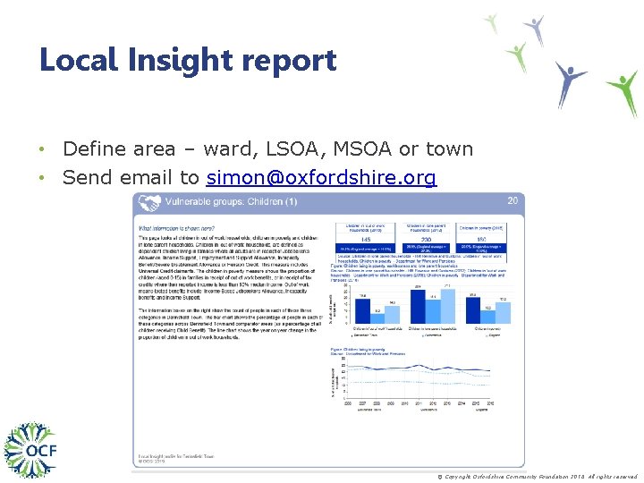 Local Insight report • Define area – ward, LSOA, MSOA or town • Send