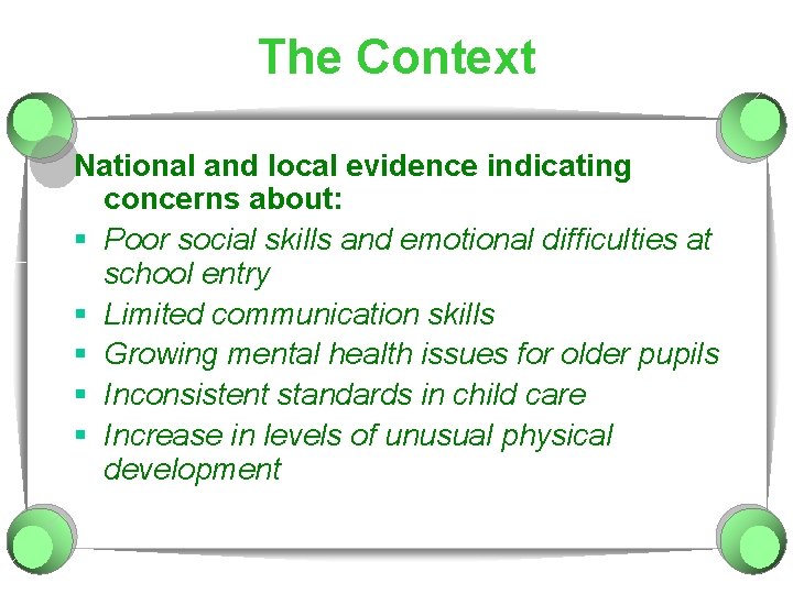The Context National and local evidence indicating concerns about: § Poor social skills and
