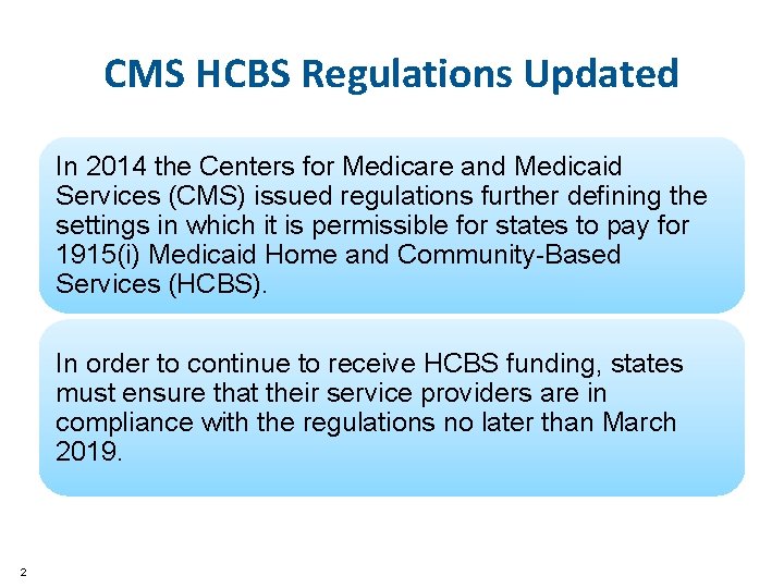 CMS HCBS Regulations Updated In 2014 the Centers for Medicare and Medicaid Services (CMS)