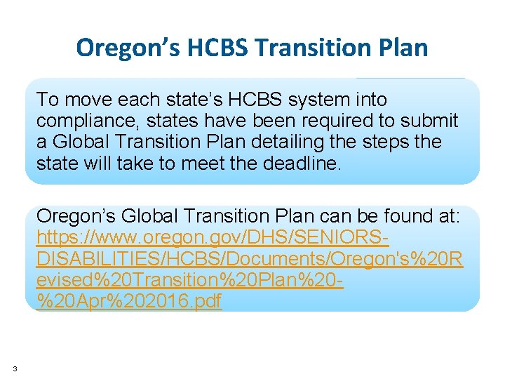 Oregon’s HCBS Transition Plan To move each state’s HCBS system into compliance, states have