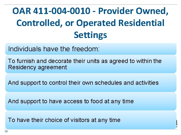 OAR 411 -004 -0010 - Provider Owned, Controlled, or Operated Residential Settings Individuals have