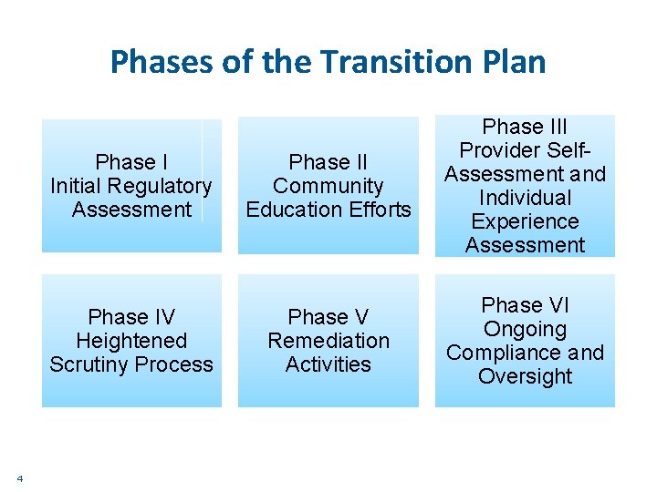 Phases of the Transition Plan Phase I Initial Regulatory Assessment Phase IV Heightened Scrutiny