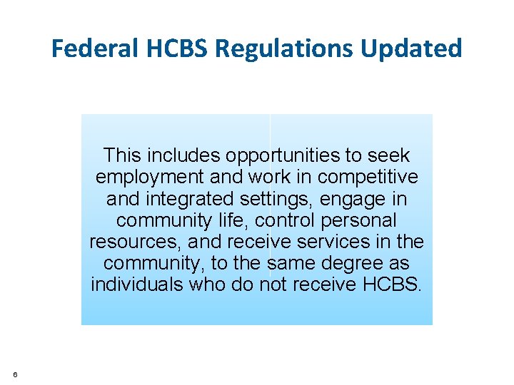 Federal HCBS Regulations Updated This includes opportunities to seek employment and work in competitive