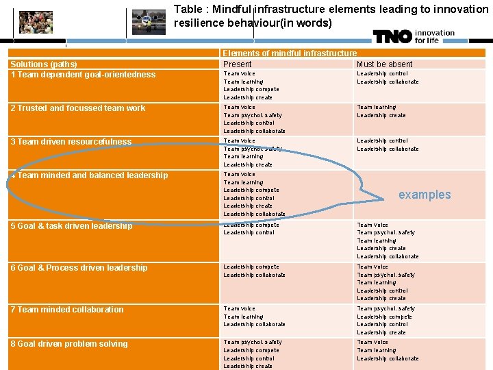 Table : Mindful infrastructure elements leading to innovation resilience behaviour(in words) Solutions (paths) 1