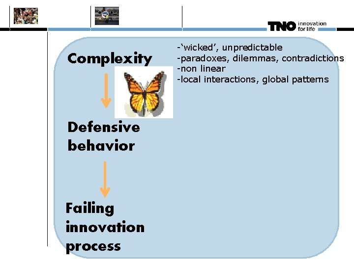 Complexity Defensive behavior Failing innovation process -‘wicked’, unpredictable -paradoxes, dilemmas, contradictions -non linear -local