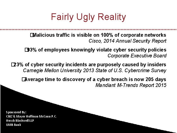 Fairly Ugly Reality �Malicious traffic is visible on 100% of corporate networks Cisco, 2014