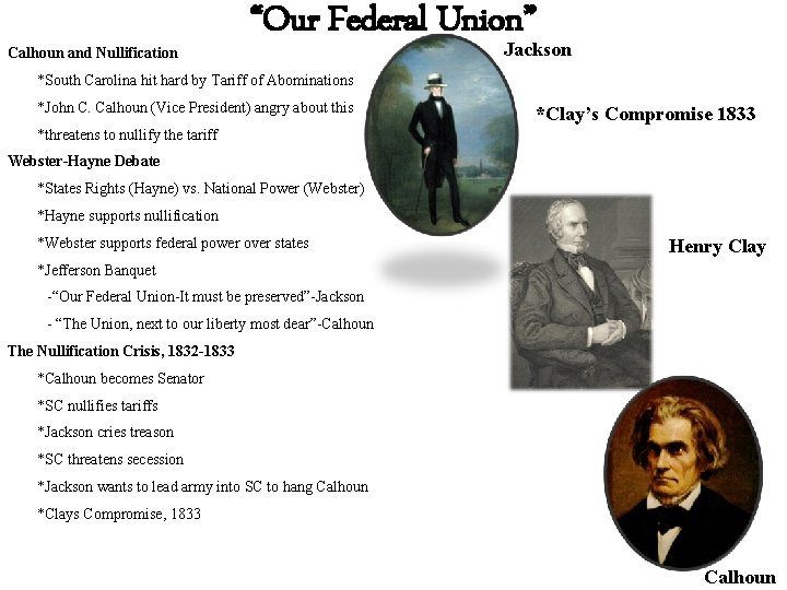 Calhoun and Nullification “Our Federal Union” Jackson *South Carolina hit hard by Tariff of