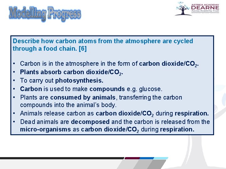 Describe how carbon atoms from the atmosphere are cycled through a food chain. [6]