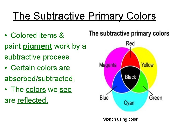 The Subtractive Primary Colors • Colored items & paint pigment work by a subtractive