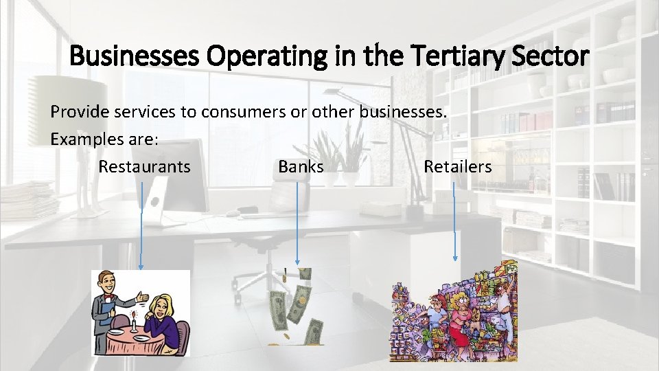 Businesses Operating in the Tertiary Sector Provide services to consumers or other businesses. Examples