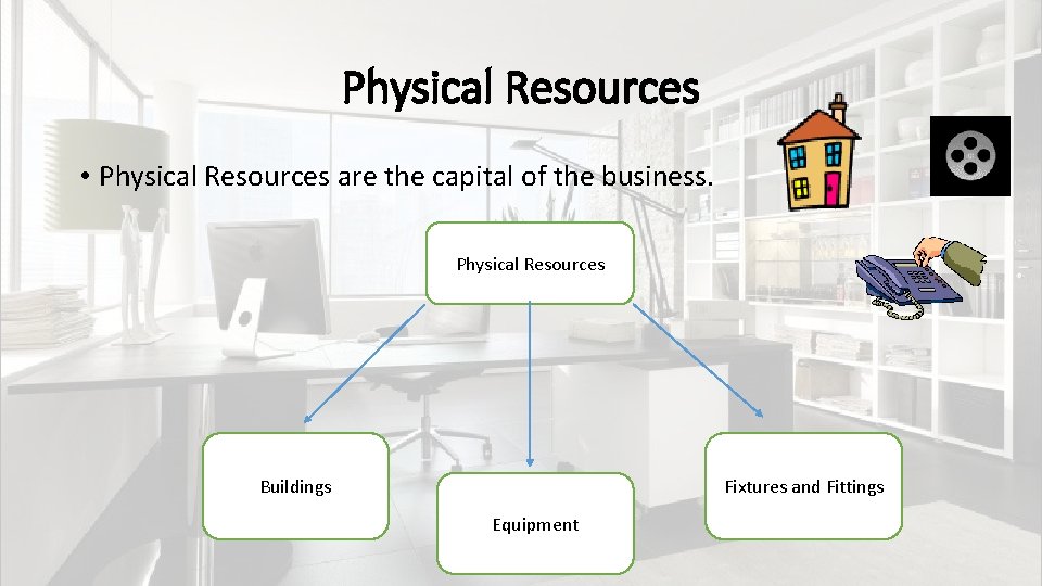 Physical Resources • Physical Resources are the capital of the business. Physical Resources Buildings