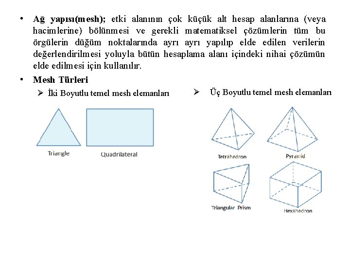  • Ağ yapısı(mesh); etki alanının çok küçük alt hesap alanlarına (veya hacimlerine) bölünmesi