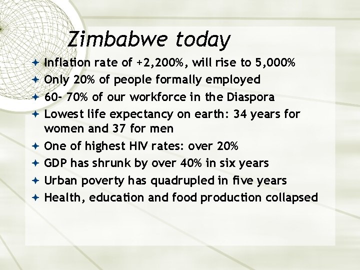 Zimbabwe today Inflation rate of +2, 200%, will rise to 5, 000% Only 20%