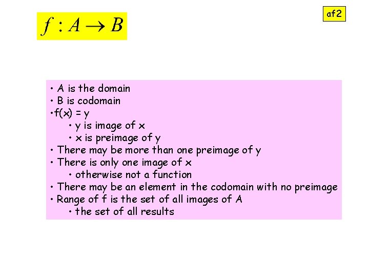 af 2 • A is the domain • B is codomain • f(x) =