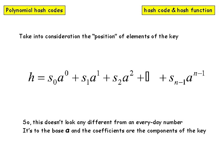 Polynomial hash codes hash code & hash function Take into consideration the “position” of