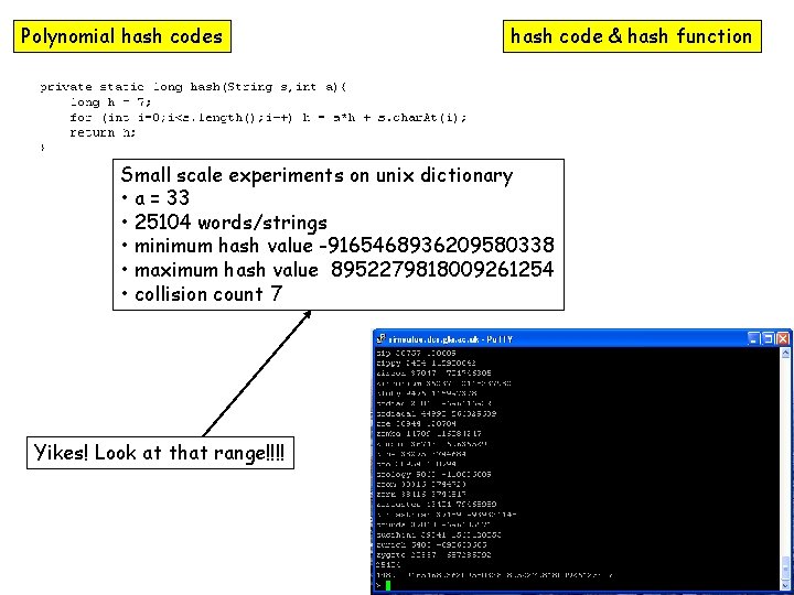 Polynomial hash codes hash code & hash function Small scale experiments on unix dictionary