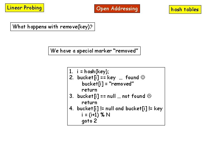 Linear Probing Open Addressing What happens with remove(key)? We have a special marker “removed”