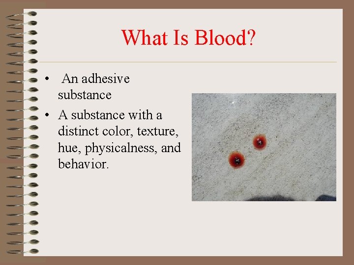 What Is Blood? • An adhesive substance • A substance with a distinct color, What Is Blood? • An adhesive substance • A substance with a distinct color,