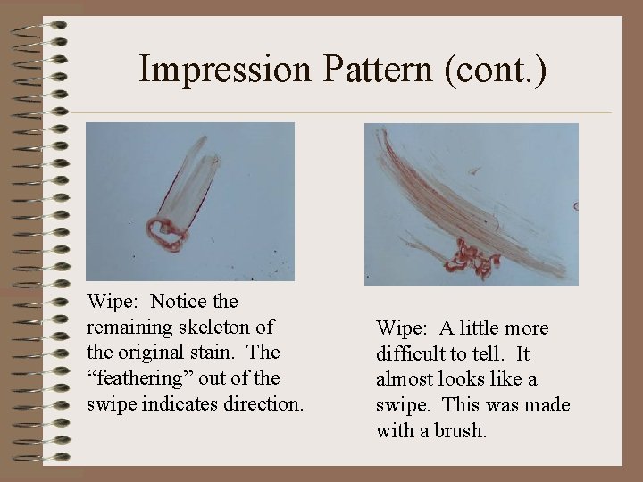 Impression Pattern (cont. ) Wipe: Notice the remaining skeleton of the original stain. The Impression Pattern (cont. ) Wipe: Notice the remaining skeleton of the original stain. The