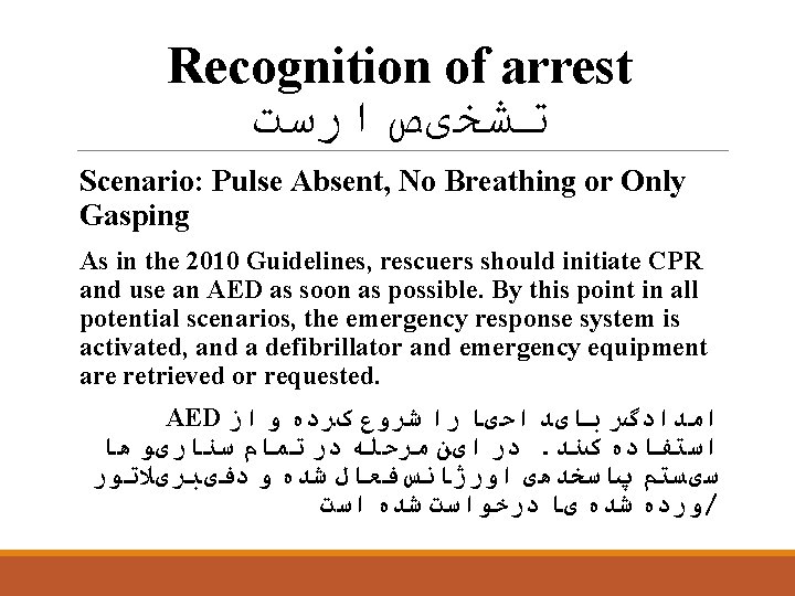 Recognition of arrest ﺗﺸﺨیﺺ ﺍﺭﺳﺖ Scenario: Pulse Absent, No Breathing or Only Gasping As