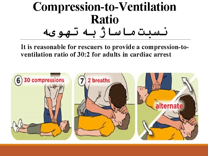 Compression-to-Ventilation Ratio ﻧﺴﺒﺖ ﻣﺎﺳﺎژ ﺑﻪ ﺗﻬﻮیﻪ It is reasonable for rescuers to provide a