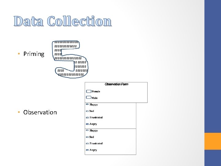 Data Collection • Priming 88888889888 88888888 88 8888888 88888888 • Observation 