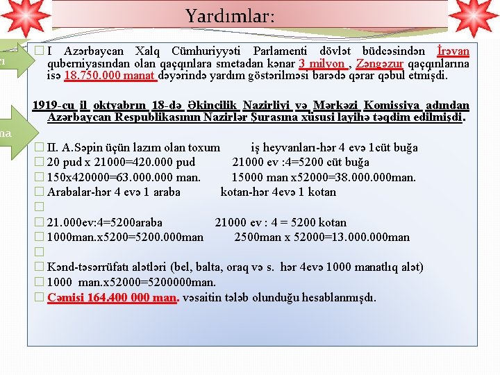 rı ma Yardımlar: � I Azərbaycan Xalq Cümhuriyyəti Parlamenti dövlət büdcəsindən İrəvan quberniyasından olan