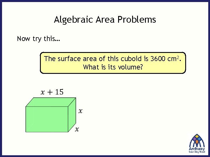 Algebraic Area Problems Now try this… The surface area of this cuboid is 3600