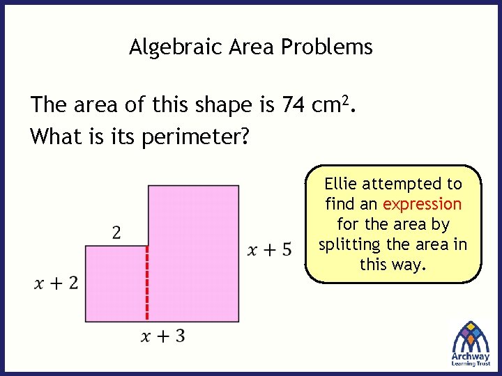 Algebraic Area Problems The area of this shape is 74 cm 2. What is