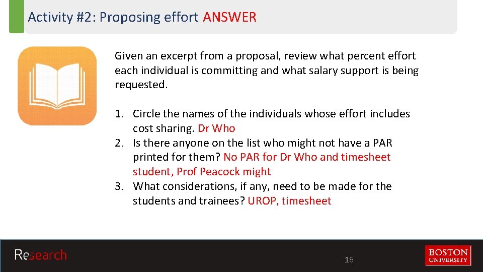 Activity #2: Proposing effort ANSWER Given an excerpt from a proposal, review what percent