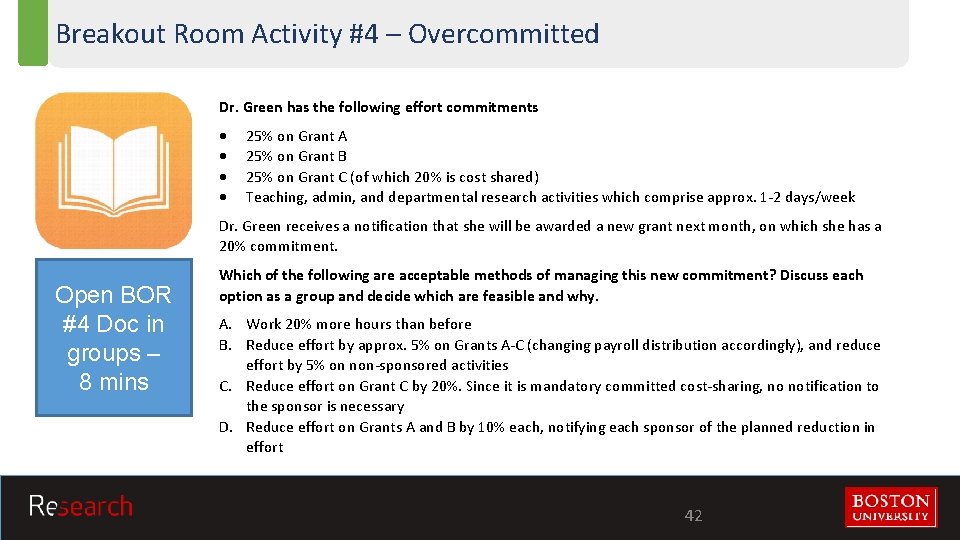 Breakout Room Activity #4 – Overcommitted Dr. Green has the following effort commitments 25%