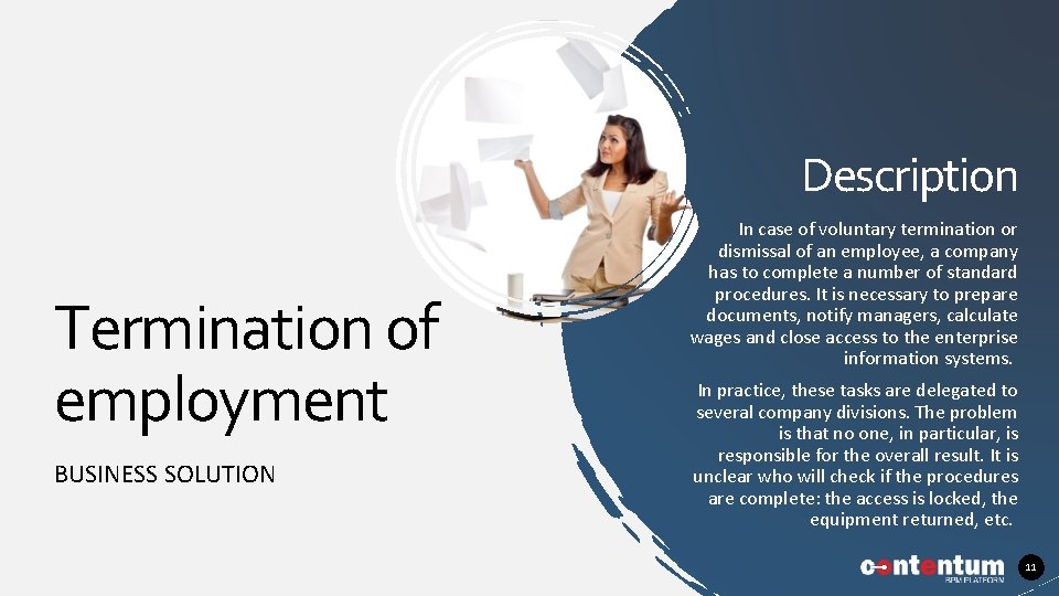 Description Termination of employment BUSINESS SOLUTION In case of voluntary termination or dismissal of