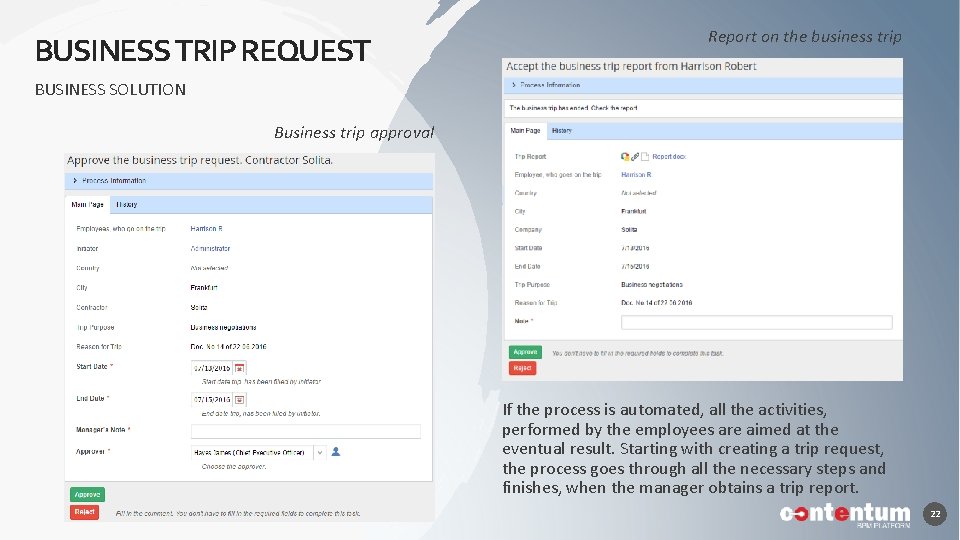 BUSINESS TRIP REQUEST Report on the business trip BUSINESS SOLUTION Business trip approval If