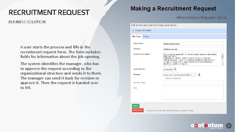 RECRUITMENT REQUEST BUSINESS SOLUTION Making a Recruitment Request «Recruitment Request» form A user starts