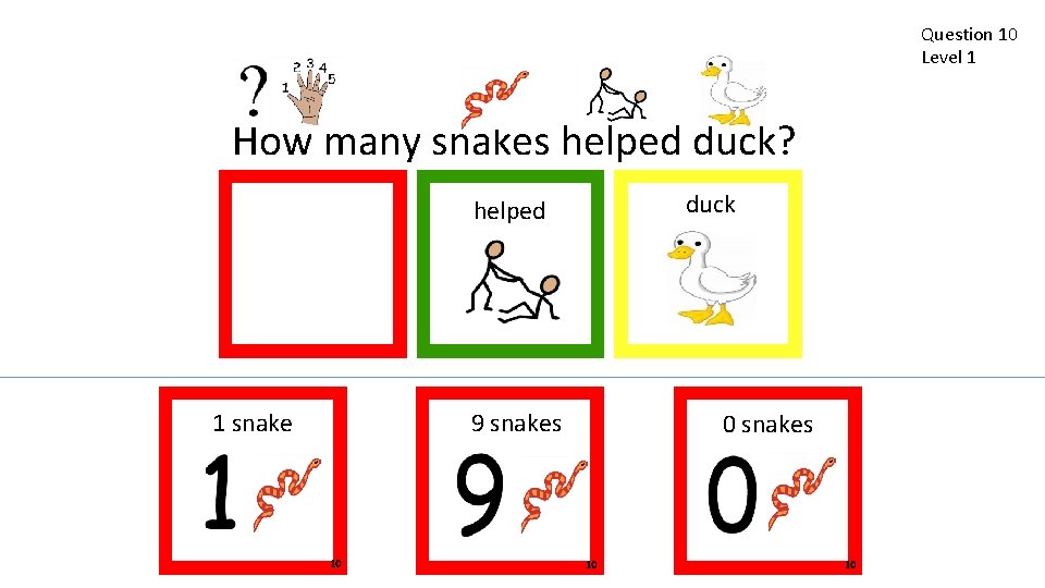 Question 10 Level 1 How many snakes helped duck? duck helped 1 snake 9