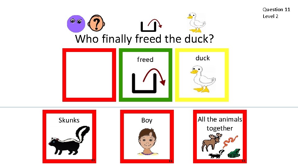 Question 11 Level 2 Who finally freed the duck? duck freed All the animals
