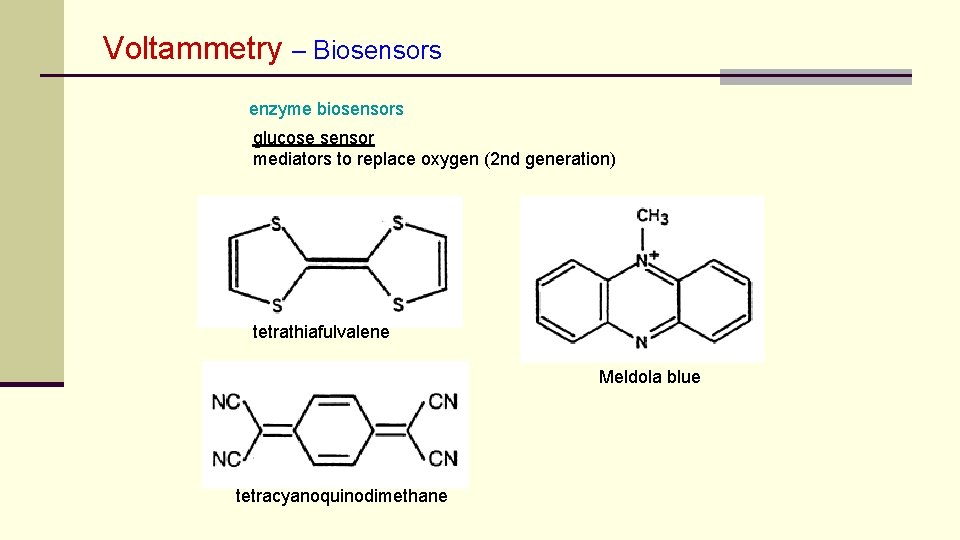 Voltammetry – Biosensors enzyme biosensors glucose sensor mediators to replace oxygen (2 nd generation)