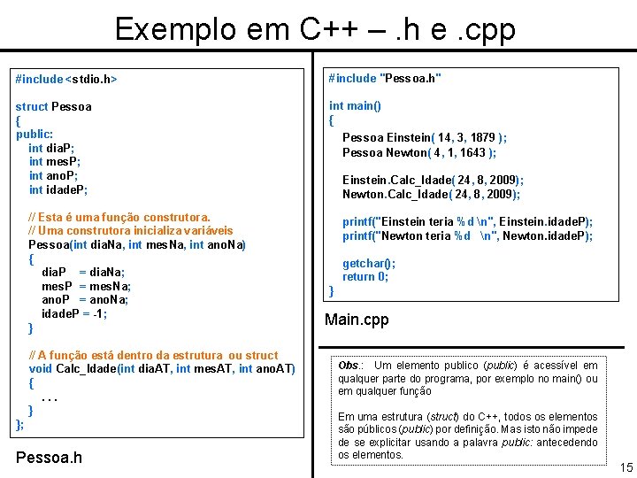 Exemplo em C++ –. h e. cpp #include <stdio. h> #include "Pessoa. h" struct