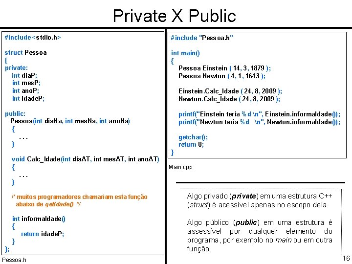 Private X Public #include <stdio. h> #include "Pessoa. h" struct Pessoa { private: int