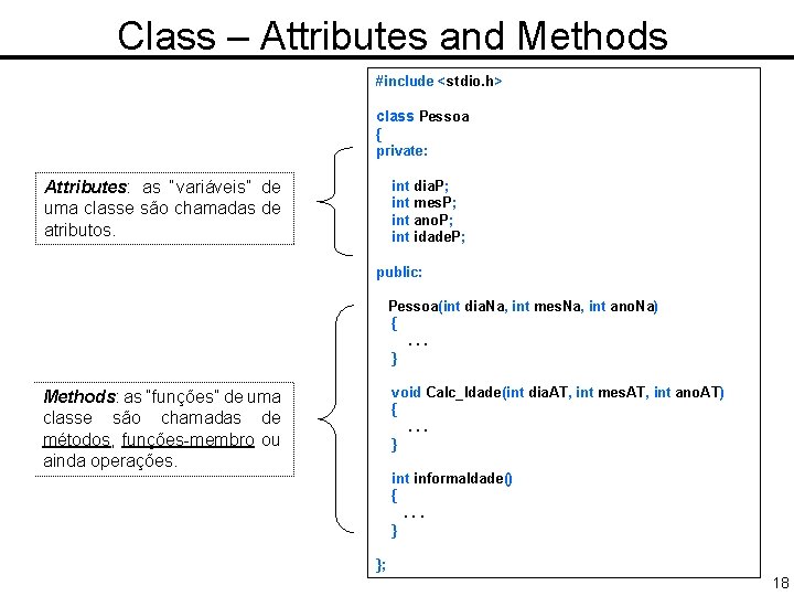 Class – Attributes and Methods #include <stdio. h> class Pessoa { private: Attributes: as