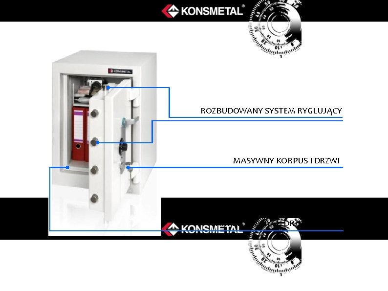 ROZBUDOWANY SYSTEM RYGLUJĄCY MASYWNY KORPUS I DRZWI KONSTRUKCJA RYGLA STAŁEGO UNIEMOŻLIWIAJĄCA WYRWANIE ZARYGLOWANYCH DRZWI