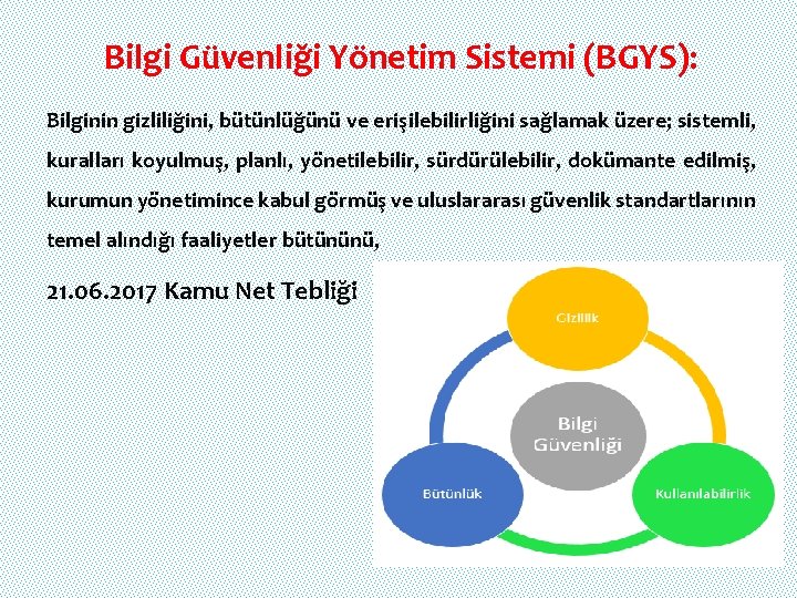 Bilgi Güvenliği Yönetim Sistemi (BGYS): Bilginin gizliliğini, bütünlüğünü ve erişilebilirliğini sağlamak üzere; sistemli, kuralları