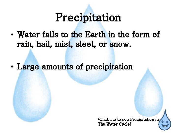 Precipitation • Water falls to the Earth in the form of rain, hail, mist,