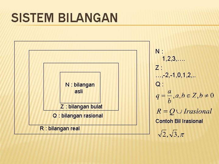 SISTEM BILANGAN N : bilangan asli N: 1, 2, 3, …. Z: …, -2, SISTEM BILANGAN N : bilangan asli N: 1, 2, 3, …. Z: …, -2,