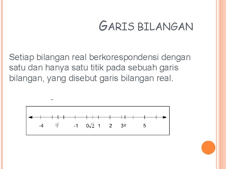 GARIS BILANGAN Setiap bilangan real berkorespondensi dengan satu dan hanya satu titik pada sebuah