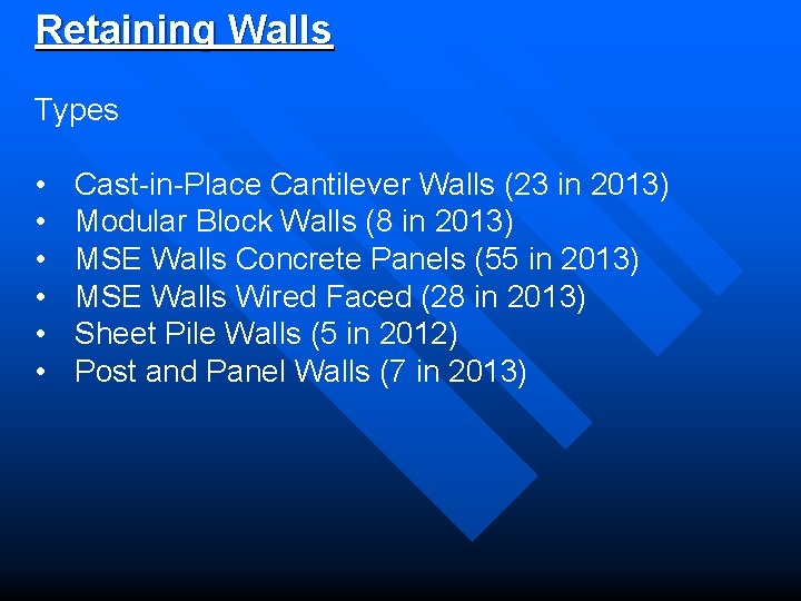 Retaining Walls Types • • • Cast-in-Place Cantilever Walls (23 in 2013) Modular Block