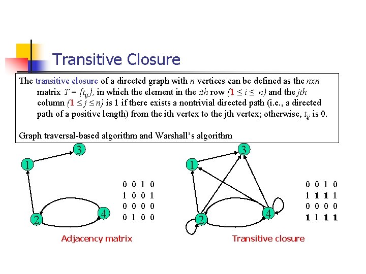 Transitive Closure The transitive closure of a directed graph with n vertices can be