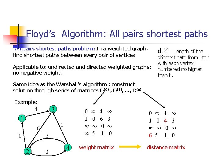 Floyd’s Algorithm: All pairs shortest paths problem: In a weighted graph, find shortest paths